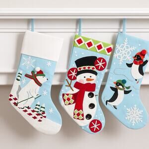 Lot of 3 Alice Doria Blue Christmas Stockings Polar Bear Snowman Penguins 21”